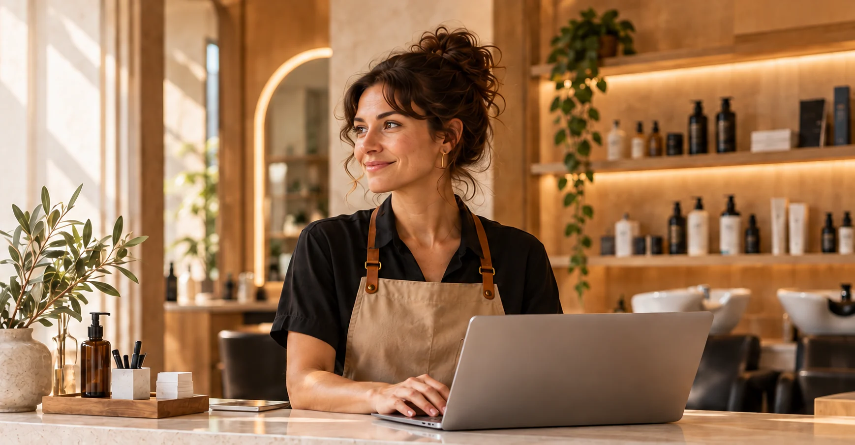 Profesional de un salón trabajando en el mostrador de su negocio